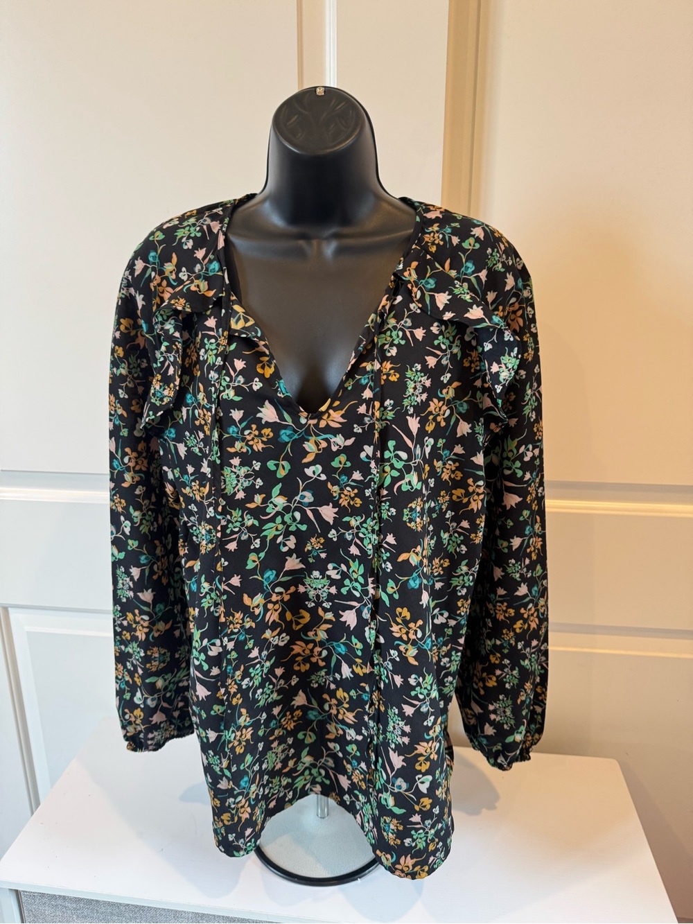 BCBGeneration Black Floral V-Neck Blouse with Green & Gold Accents